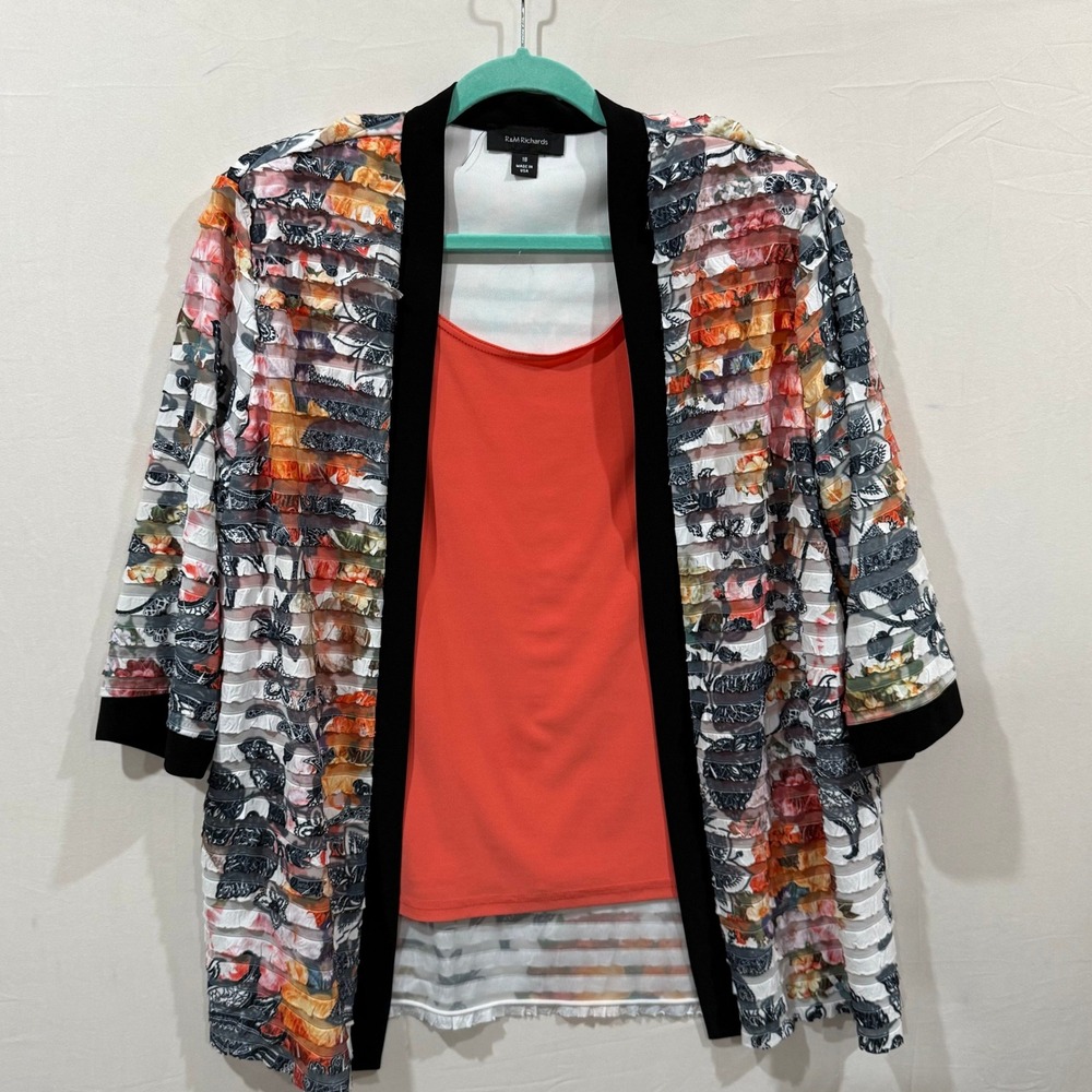 R&M Richards Womens Plus 18 Coral Floral 2 Piece Mock Tee and Cardigan Set